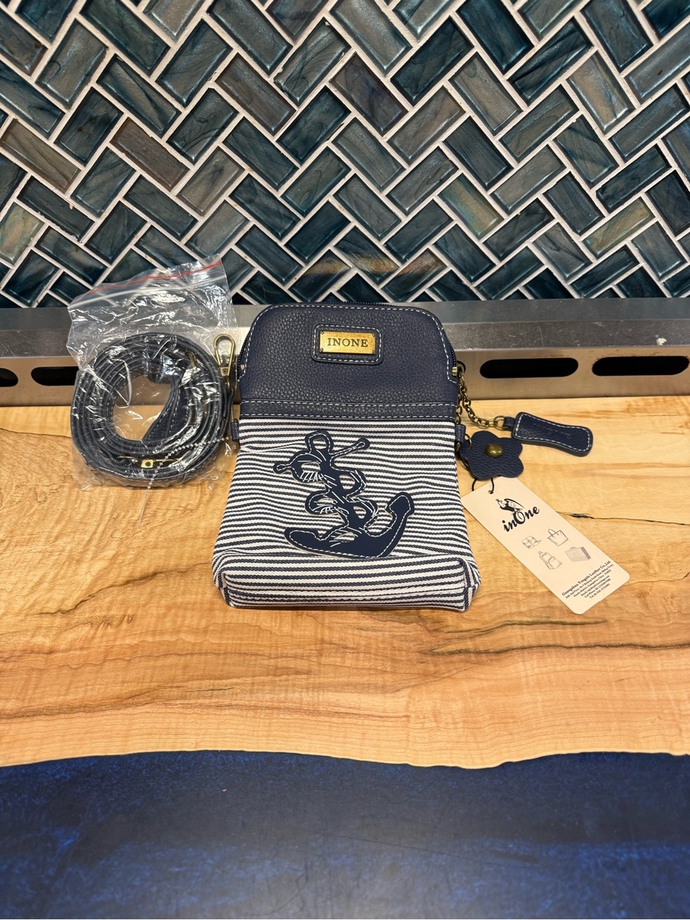 None Navy Striped Anchor Crossbody Belt Bag for Men